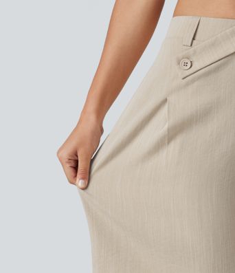 Asymmetric Mid Rise Work Linen-Feel Bermuda Shorts 10'' with Pockets