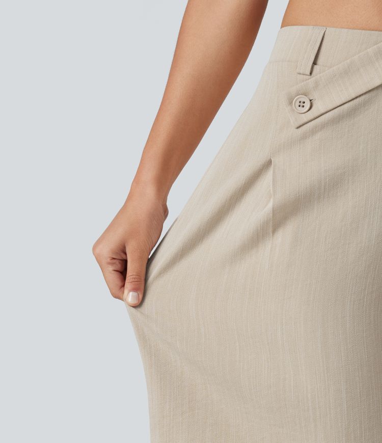 Asymmetric Mid Rise Work Linen-Feel Bermuda Shorts 10'' with Pockets