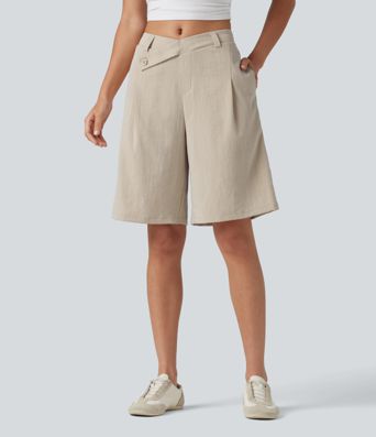 Asymmetric Mid Rise Work Linen-Feel Bermuda Shorts 10'' with Pockets