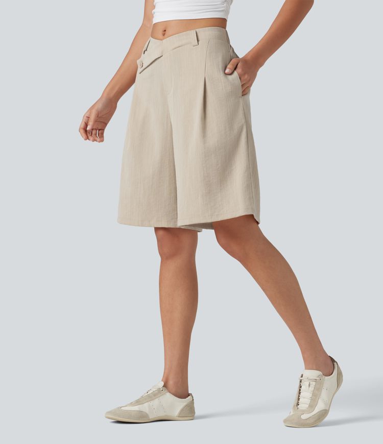 Asymmetric Mid Rise Work Linen-Feel Bermuda Shorts 10'' with Pockets