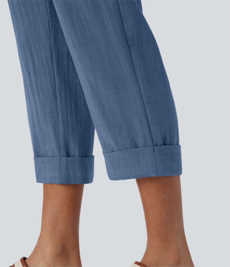 Hohe Taille Hose mit Reißverschlusstasche im Leinen-Look Capri-Stil