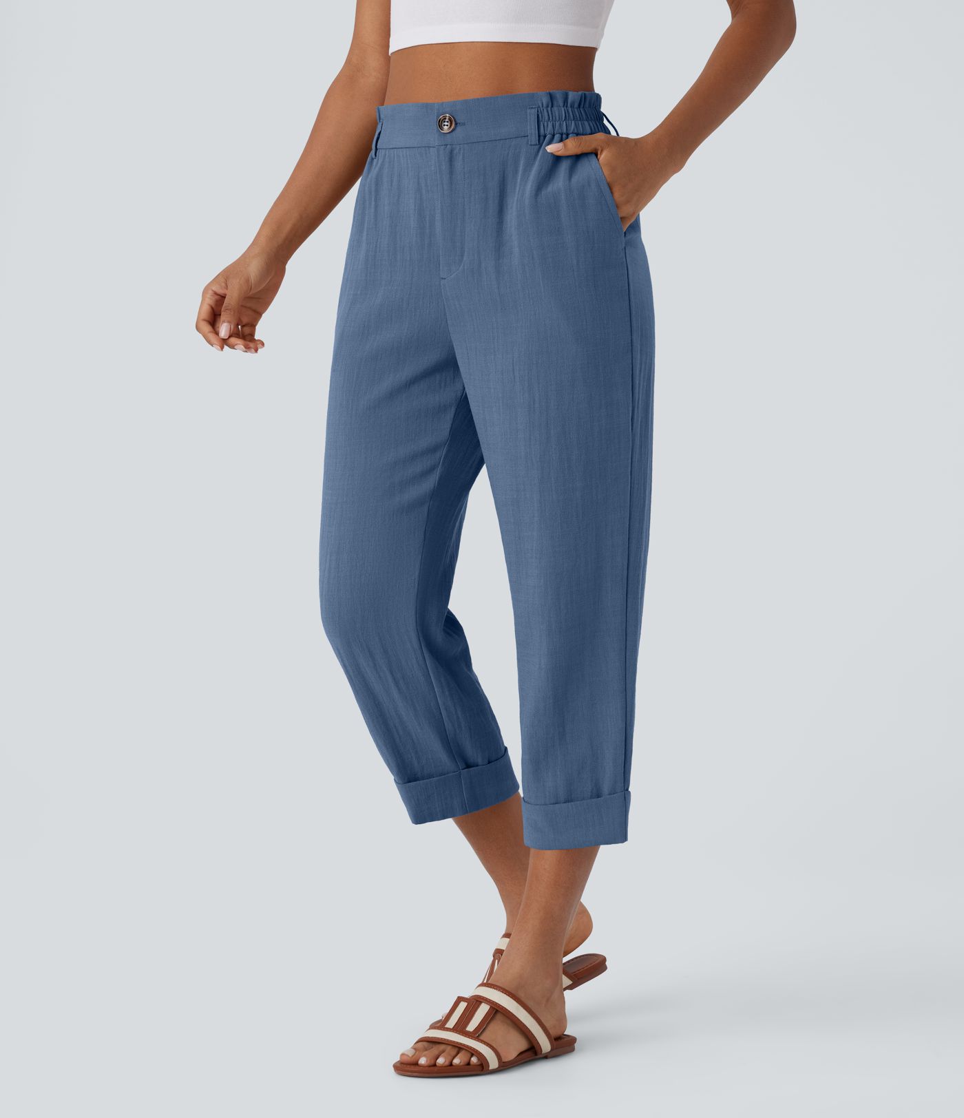 Hohe Taille Hose mit Reißverschlusstasche im Leinen-Look Capri-Stil