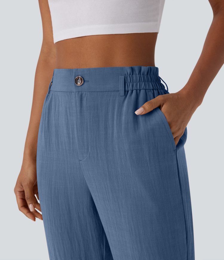 Hohe Taille Hose mit Reißverschlusstasche im Leinen-Look Capri-Stil