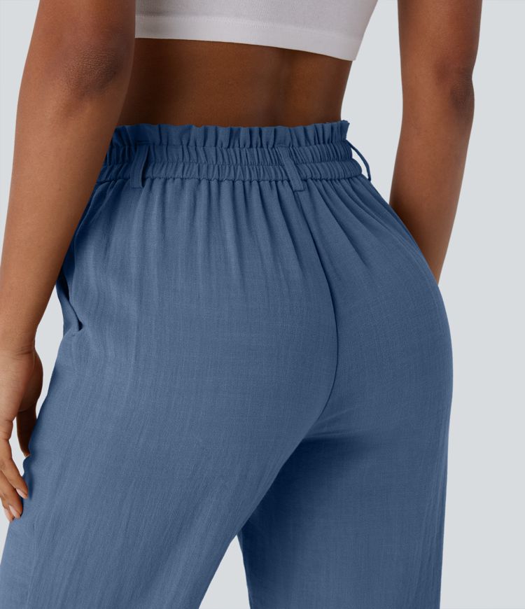 Hohe Taille Hose mit Reißverschlusstasche im Leinen-Look Capri-Stil