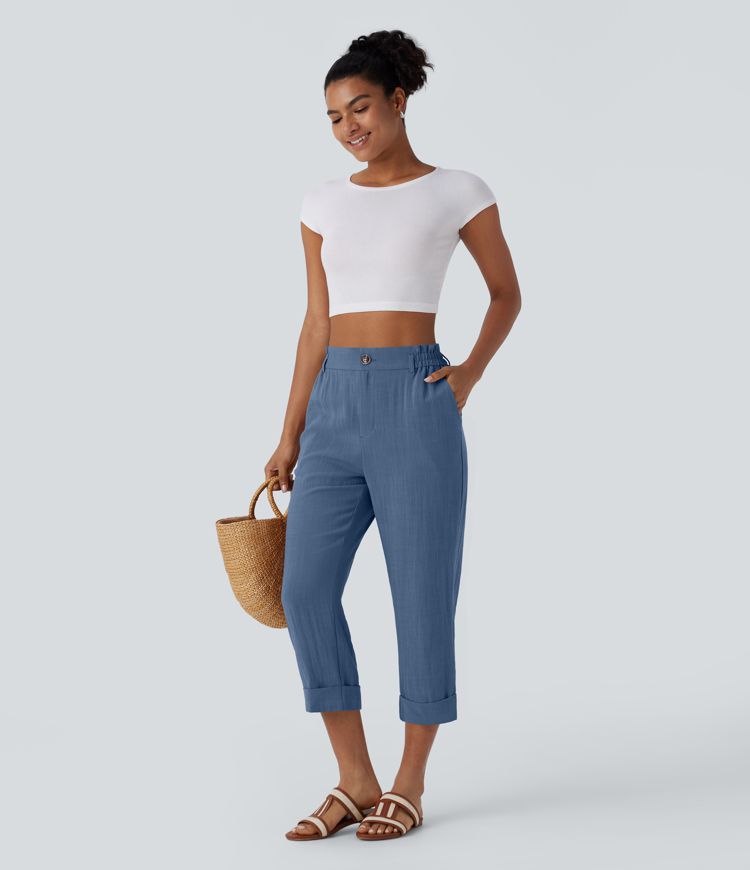 Hohe Taille Hose mit Reißverschlusstasche im Leinen-Look Capri-Stil