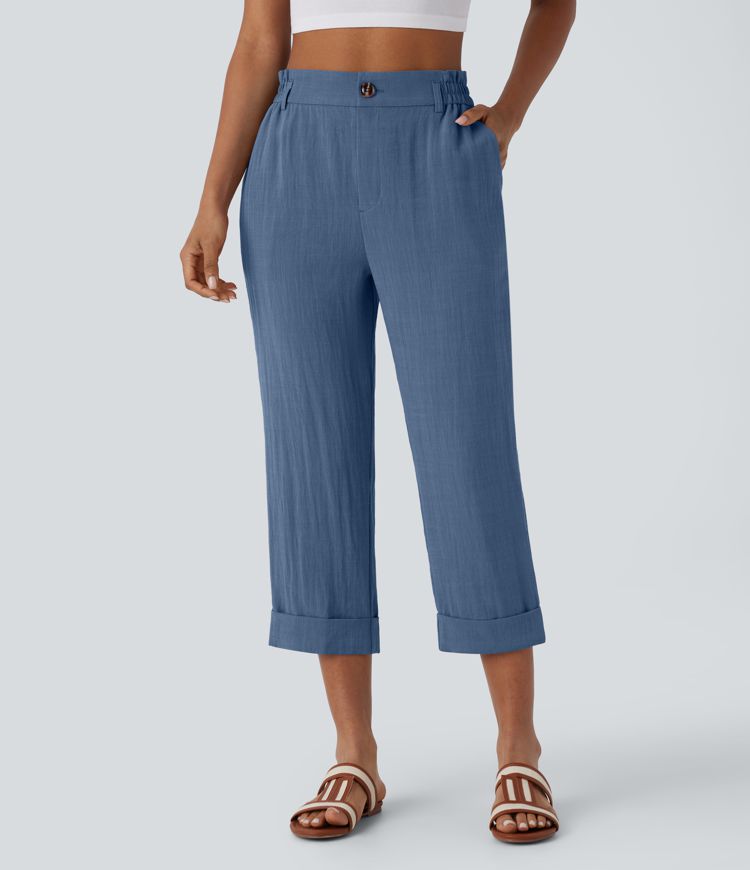 Hohe Taille Hose mit Reißverschlusstasche im Leinen-Look Capri-Stil
