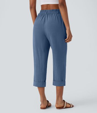Hohe Taille Hose mit Reißverschlusstasche im Leinen-Look Capri-Stil