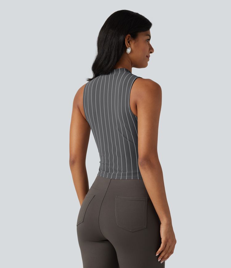 Stand Collar Twisted Asymmetric Hem Stripes Casual Tank Top