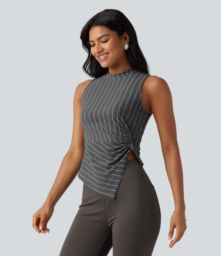 Stand Collar Twisted Asymmetric Hem Stripes Casual Tank Top