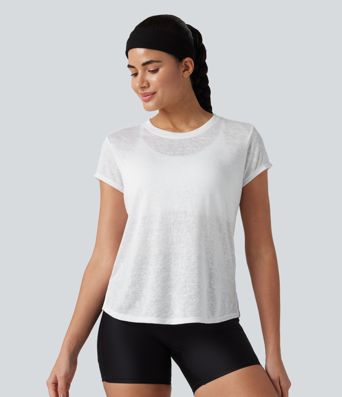Round Neck Short Sleeve Curved Hem Yoga Sports Top