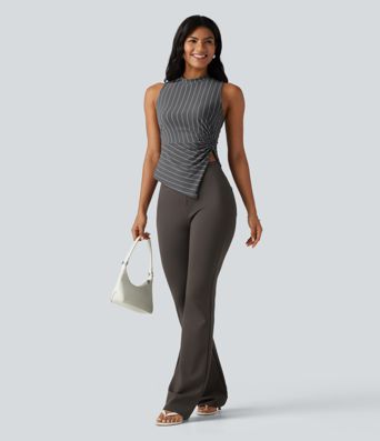 Stand Collar Twisted Asymmetric Hem Stripes Casual Tank Top