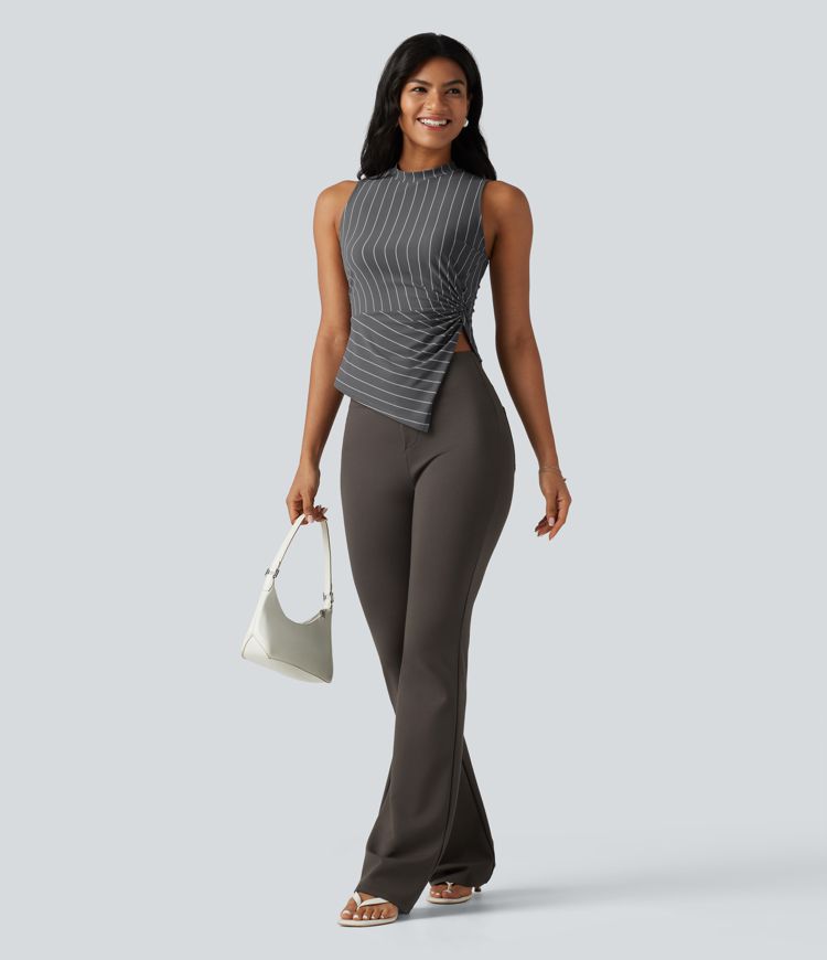 Stand Collar Twisted Asymmetric Hem Stripes Casual Tank Top