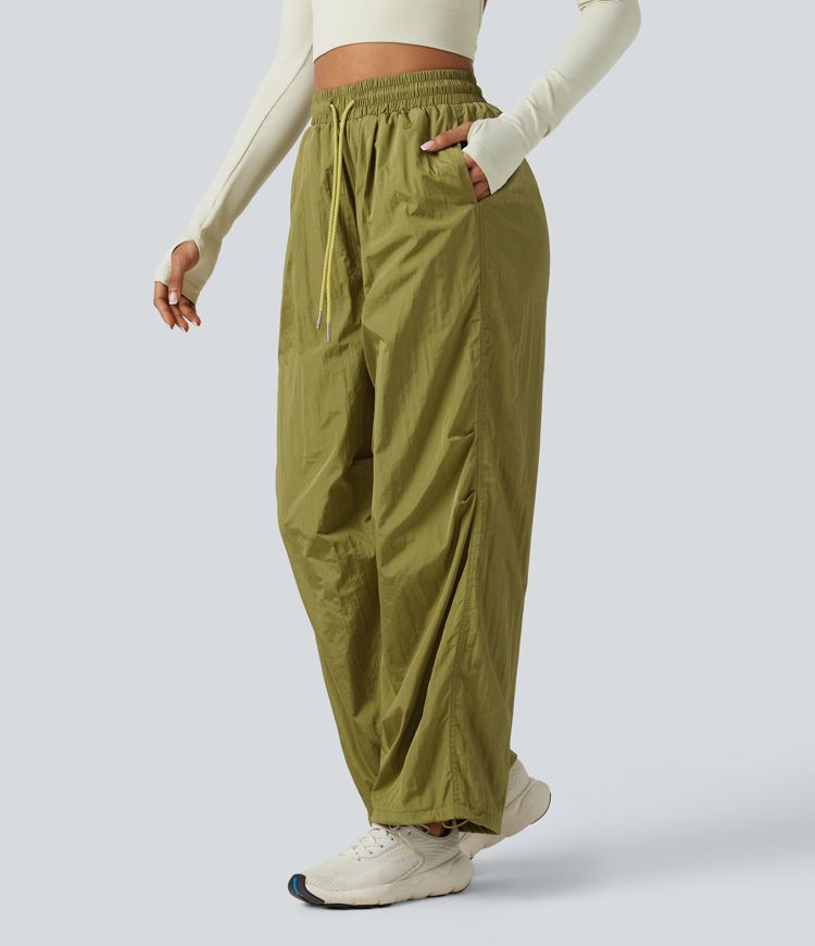 High Waisted Drawstring Ruched Hiking Cargo Baggy Pants with Pockets