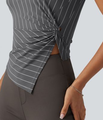 Stand Collar Twisted Asymmetric Hem Stripes Casual Tank Top