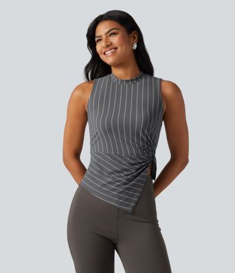 Stand Collar Twisted Asymmetric Hem Stripes Casual Tank Top