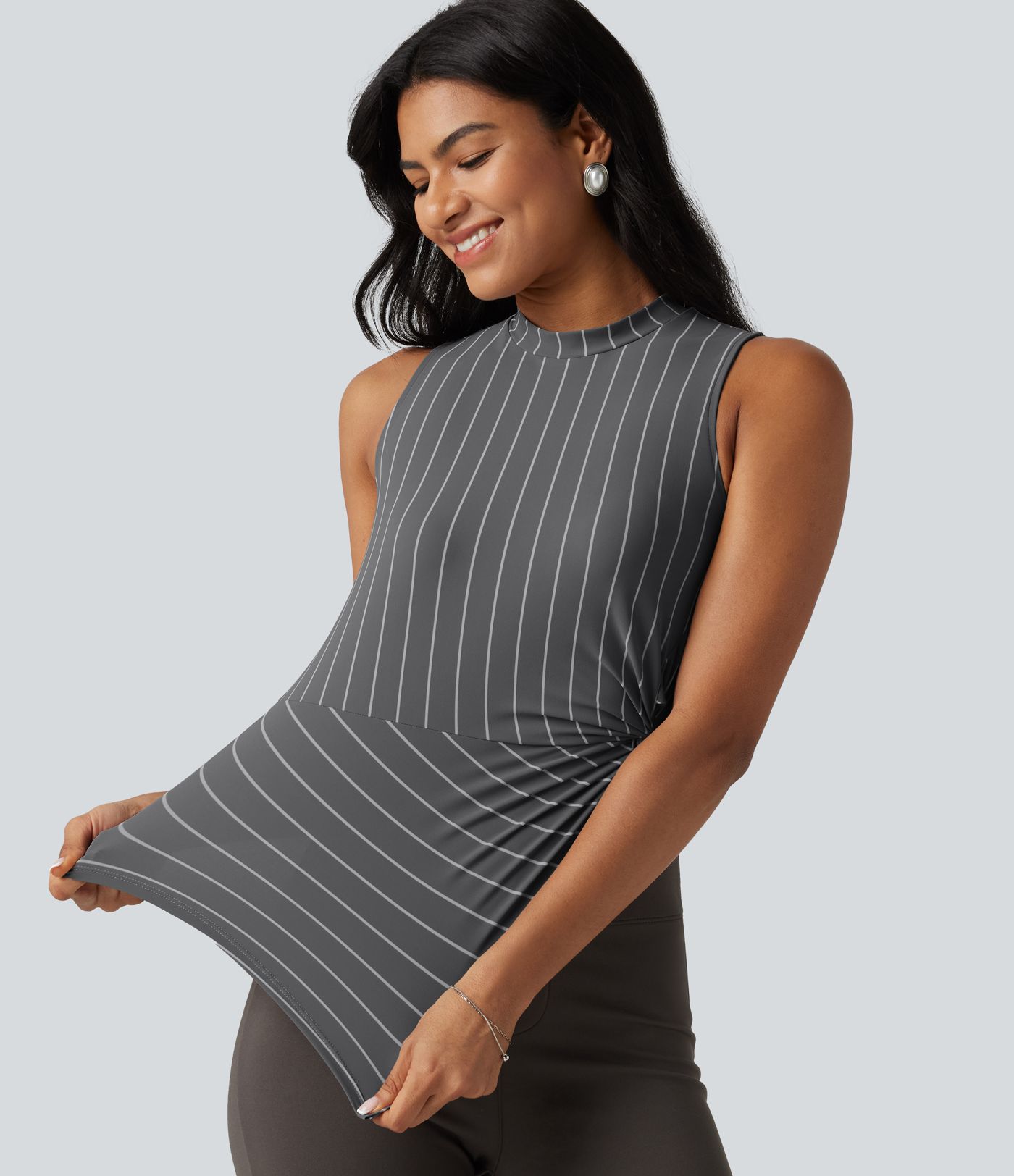 Stand Collar Twisted Asymmetric Hem Stripes Casual Tank Top