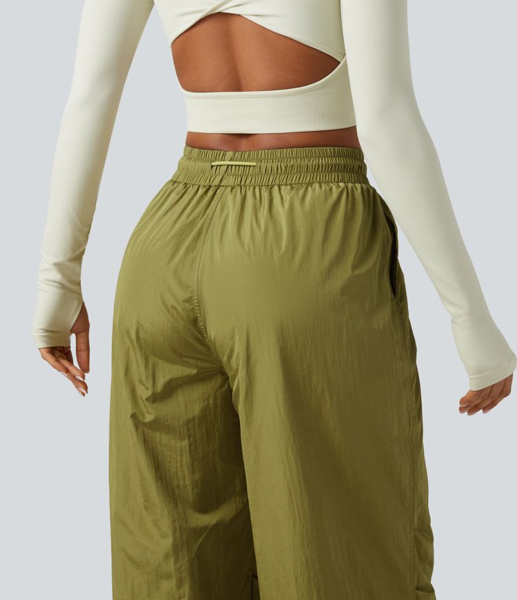 High Waisted Drawstring Ruched Hiking Cargo Baggy Pants with Pockets