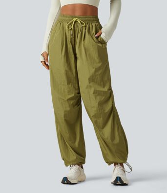 High Waisted Drawstring Ruched Hiking Cargo Baggy Pants with Pockets