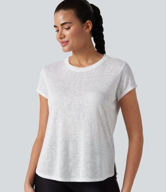 Round Neck Short Sleeve Curved Hem Yoga Sports Top