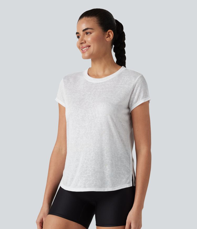 Round Neck Short Sleeve Curved Hem Yoga Sports Top