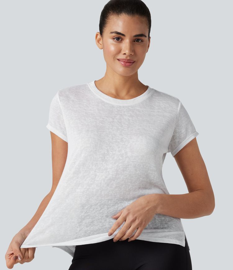 Round Neck Short Sleeve Curved Hem Yoga Sports Top