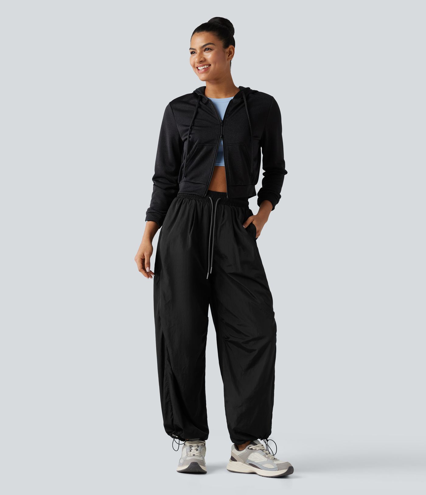 High Waisted Drawstring Ruched Hiking Cargo Baggy Pants with Pockets