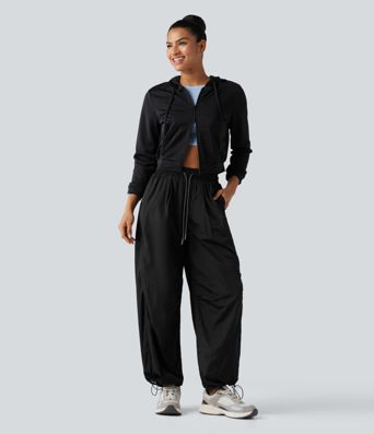 High Waisted Drawstring Ruched Hiking Cargo Baggy Pants with Pockets