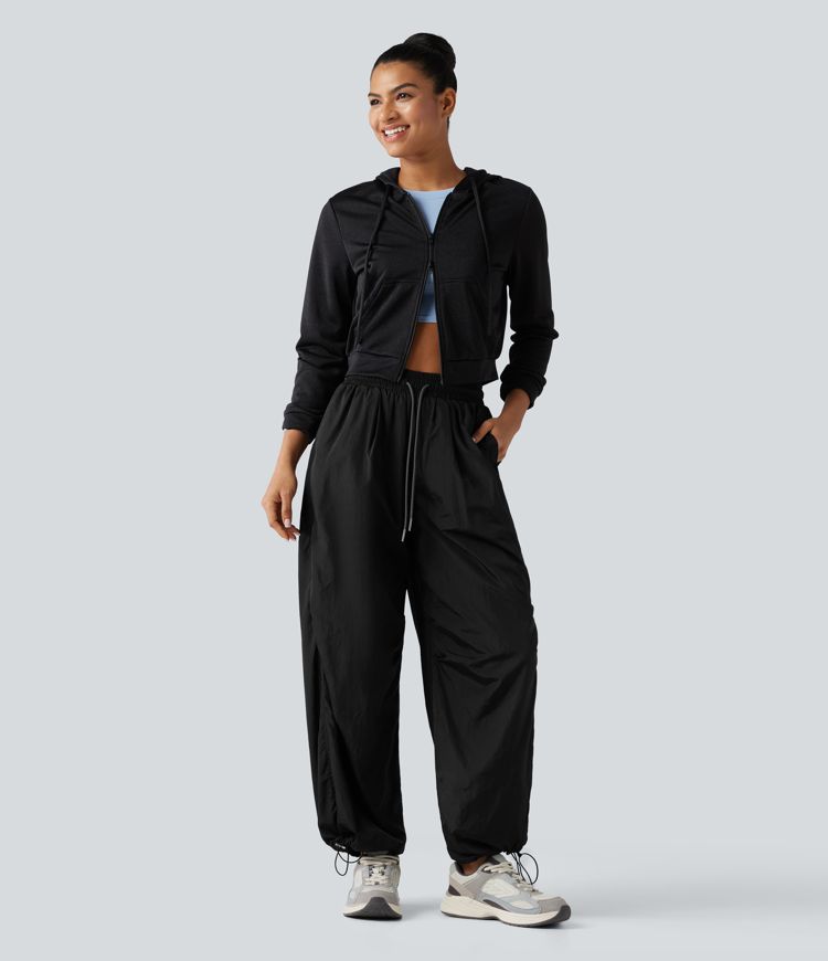 High Waisted Drawstring Ruched Hiking Cargo Baggy Pants with Pockets