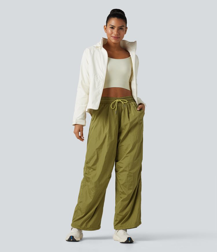 High Waisted Drawstring Ruched Hiking Cargo Baggy Pants with Pockets