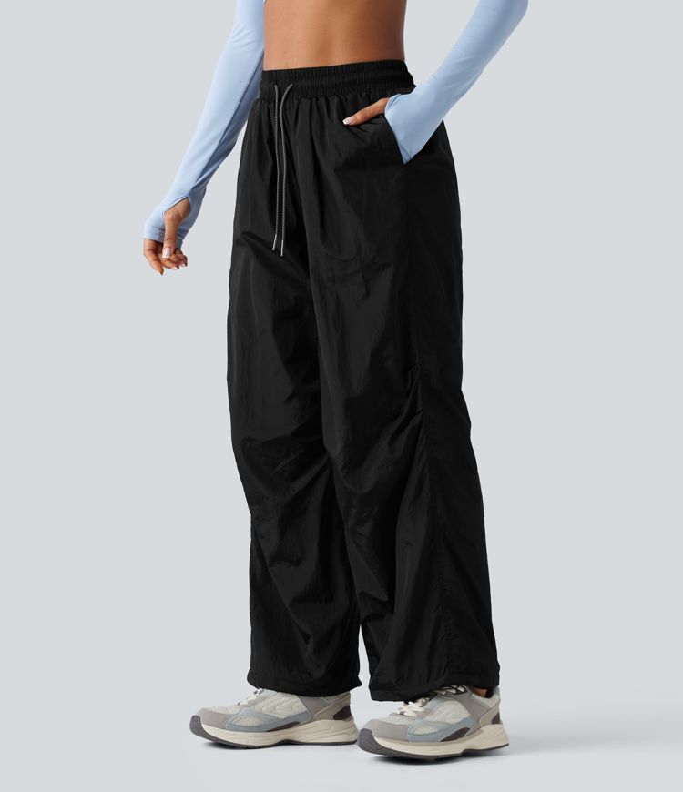High Waisted Drawstring Ruched Hiking Cargo Baggy Pants with Pockets