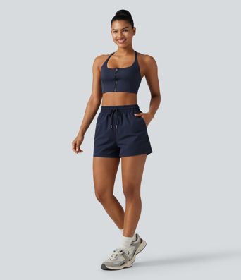 Baggy-Workout-Shorts aus elastischem Popeline mit hohem Bund, mehreren Taschen und Kordelzug