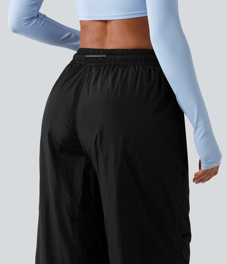 High Waisted Drawstring Ruched Hiking Cargo Baggy Pants with Pockets