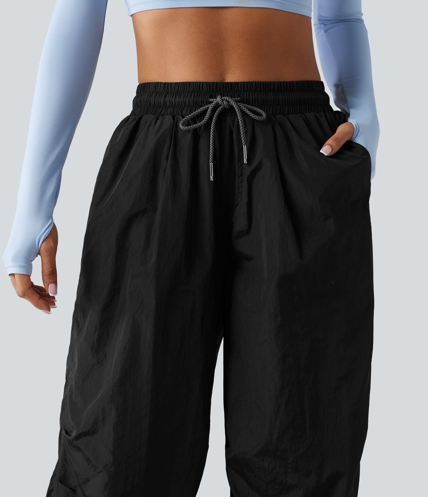 High Waisted Drawstring Ruched Hiking Cargo Baggy Pants with Pockets