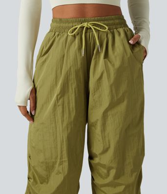 High Waisted Drawstring Ruched Hiking Cargo Baggy Pants with Pockets