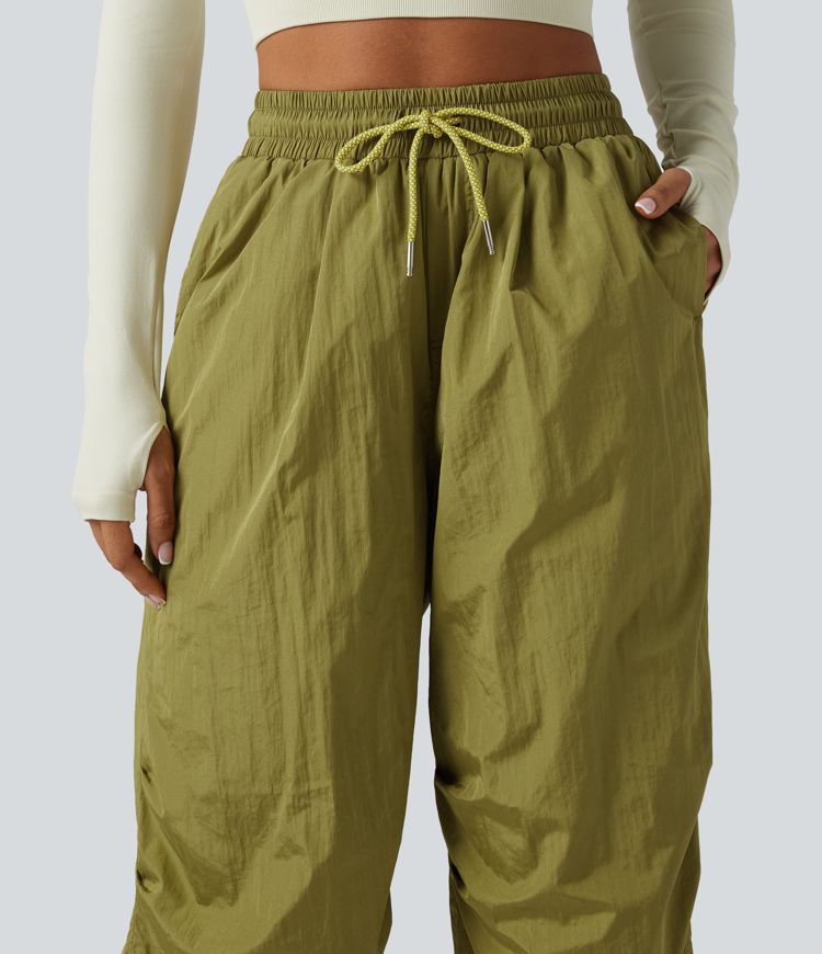 High Waisted Drawstring Ruched Hiking Cargo Baggy Pants with Pockets