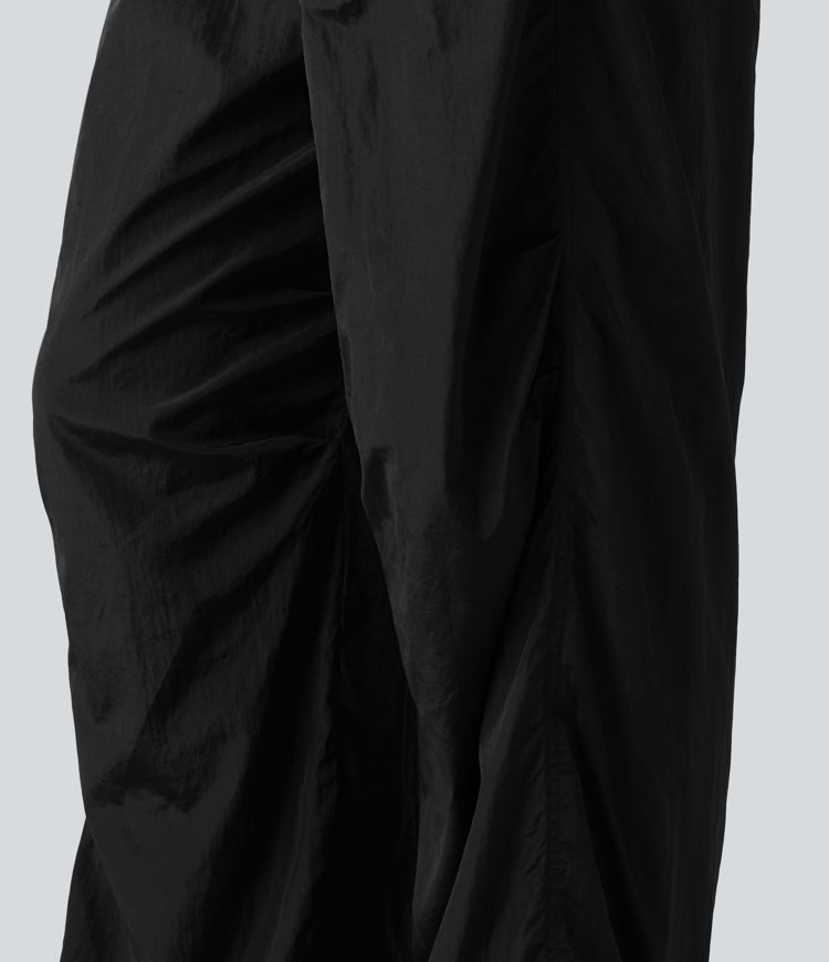 High Waisted Drawstring Ruched Hiking Cargo Baggy Pants with Pockets