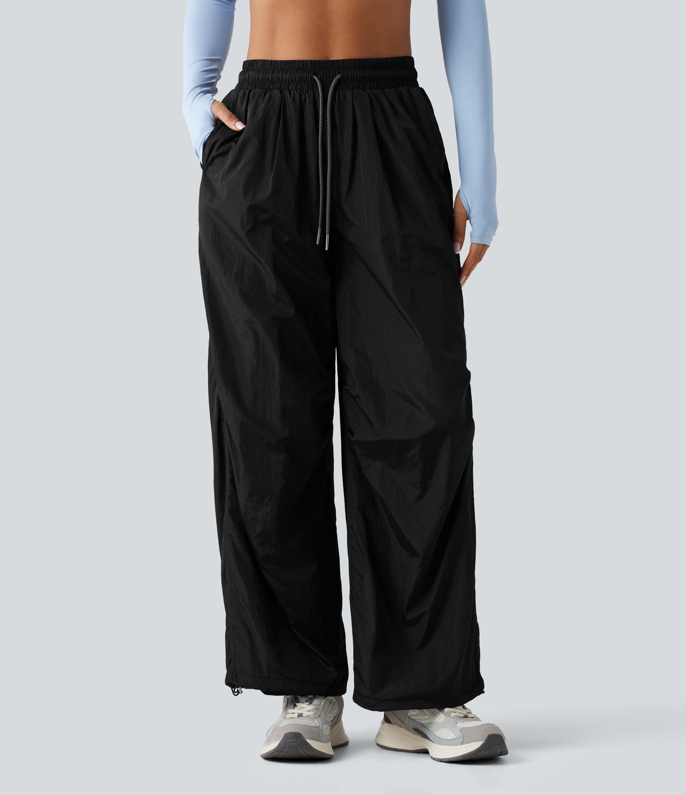 High Waisted Drawstring Ruched Hiking Cargo Baggy Pants with Pockets