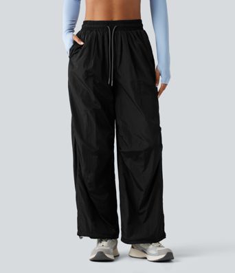 High Waisted Drawstring Ruched Hiking Cargo Baggy Pants with Pockets