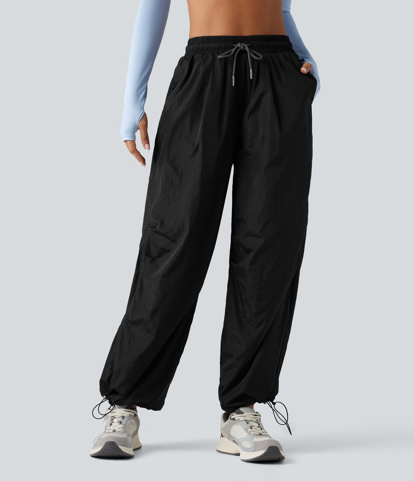 High Waisted Drawstring Ruched Hiking Cargo Baggy Pants with Pockets