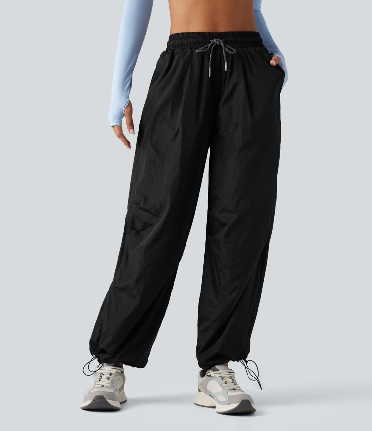 High Waisted Drawstring Ruched Hiking Cargo Baggy Pants with Pockets