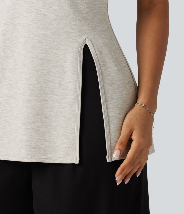 Round Neck Split Hem Slim Casual Tank Top