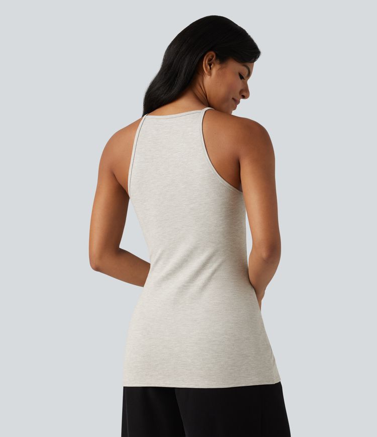 Round Neck Split Hem Slim Casual Tank Top