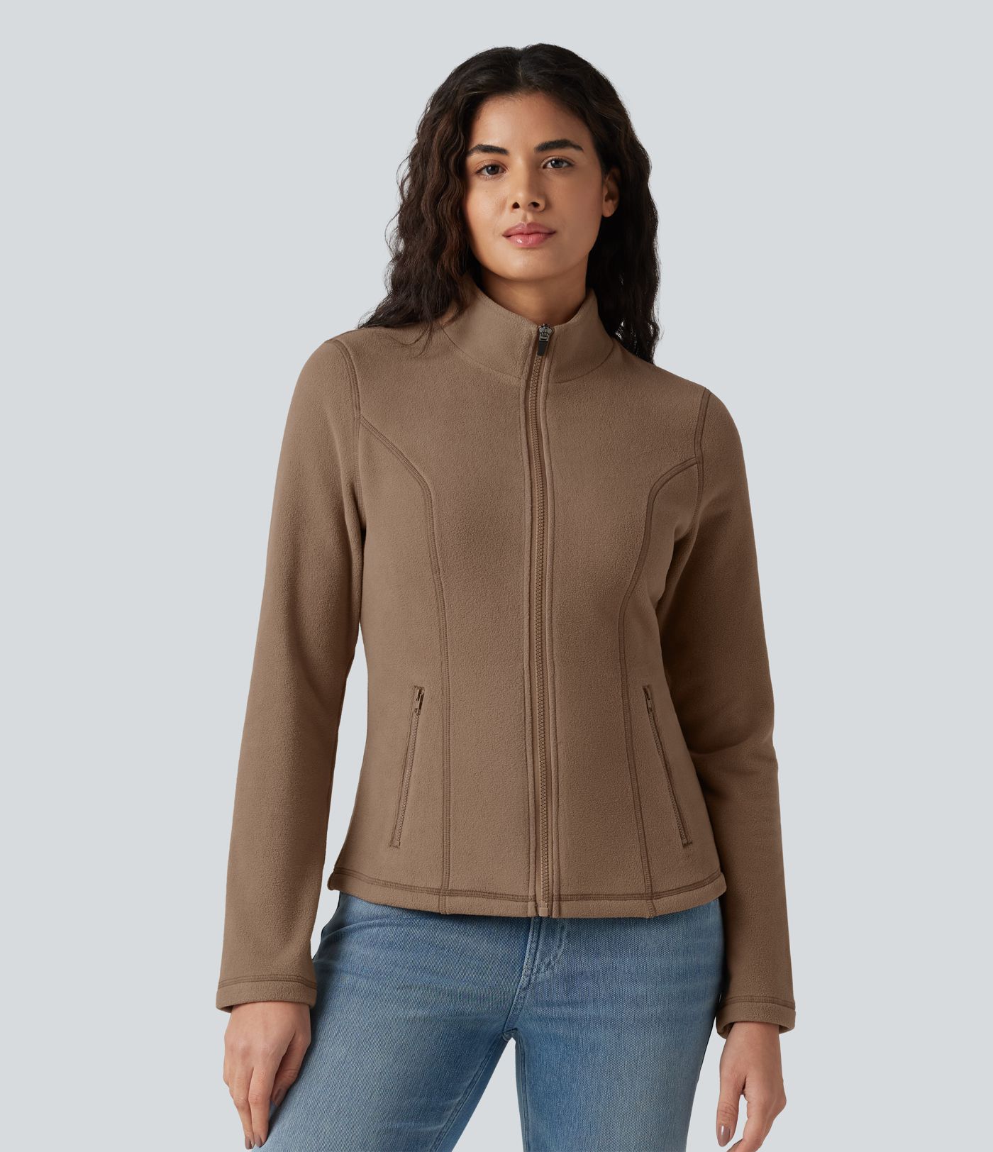 Stand Collar Zip Fly Slim Casual Fleece Jacket with Pockets Stand Collar Zip Fly Slim Casual Fleece Jacket with Pockets