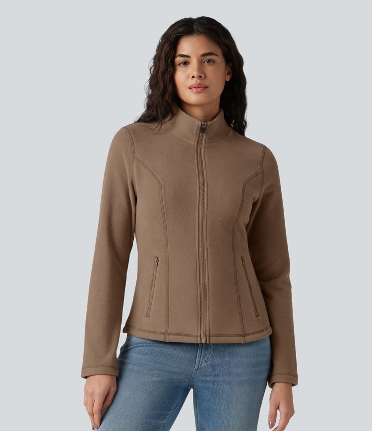 Stand Collar Zip Fly Slim Casual Fleece Jacket with Pockets Stand Collar Zip Fly Slim Casual Fleece Jacket with Pockets