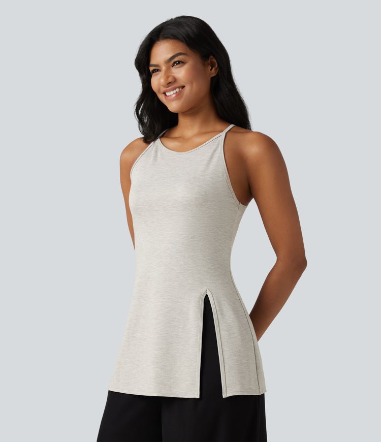 Round Neck Split Hem Slim Casual Tank Top