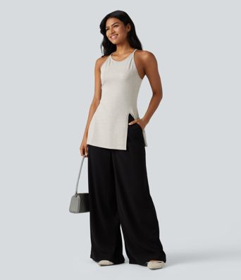 Round Neck Split Hem Slim Casual Tank Top