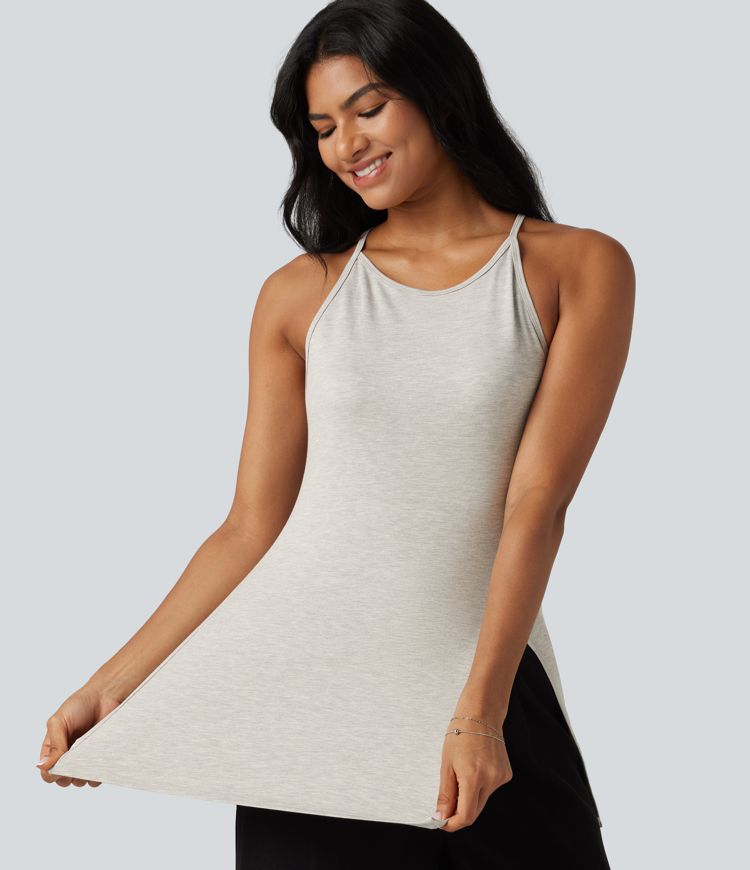 Round Neck Split Hem Slim Casual Tank Top