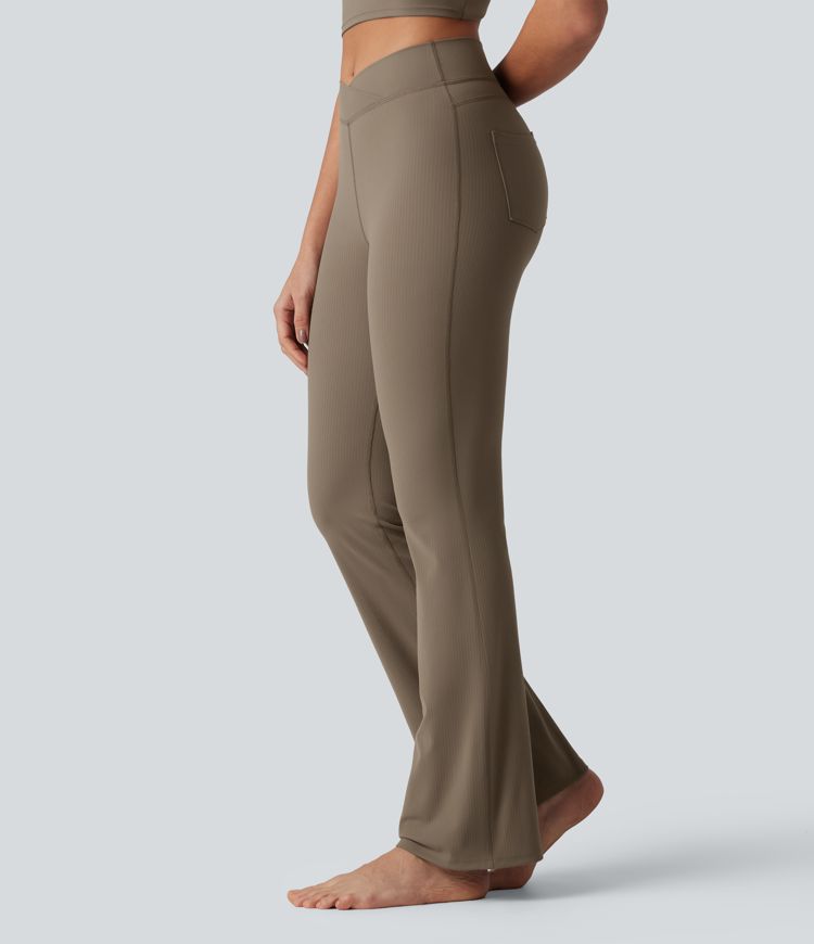 Halara UltraSculpt™ Rippstrick-Yoga-Leggings mit hohem Bund, überkreuztem Saum und Taschen