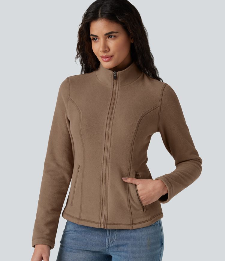 Stand Collar Zip Fly Slim Casual Fleece Jacket with Pockets Stand Collar Zip Fly Slim Casual Fleece Jacket with Pockets