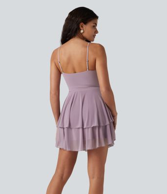 Robe nuisette mini demoiselle d'honneur et invitée de mariage avec brassière intégrée en mesh à col V noué et ourlet à volants Robe nuisette mini demoiselle d'honneur et invitée de mariage avec brassière intégrée en mesh à col V noué et ourlet à volants